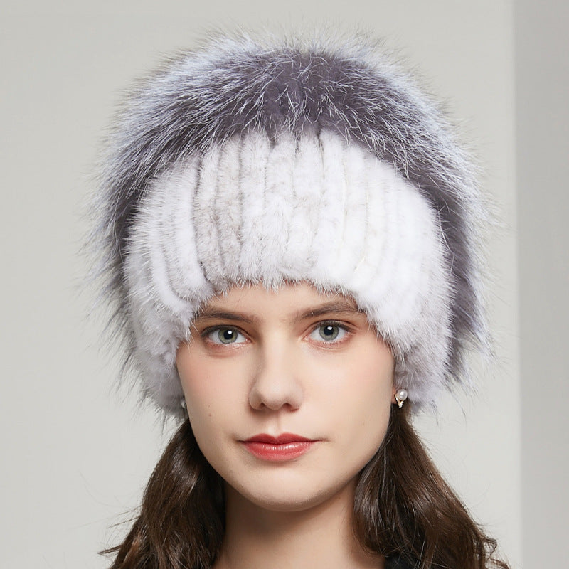 Fox Fur Fur Winter Warm Rhinestone Knitted Stretch Knitted Hat Women