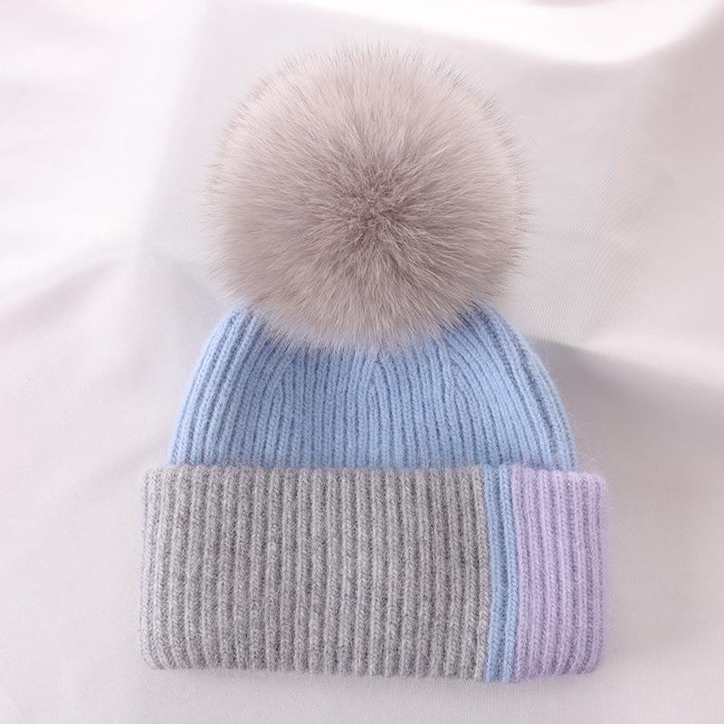 Rabbit Fur Autumn Winter Korean Cute Real Fox Fur Ball Thick Warm Plush Knitted Hat