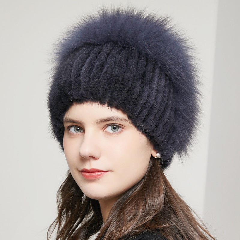 Fox Fur Fur Winter Warm Rhinestone Knitted Stretch Knitted Hat Women