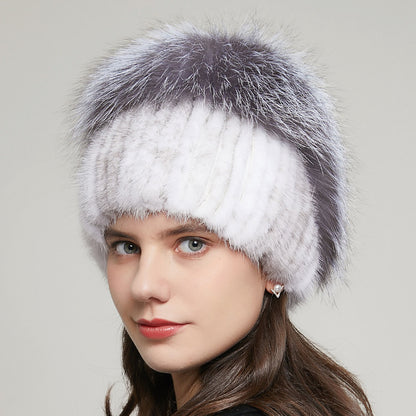 Fox Fur Fur Winter Warm Rhinestone Knitted Stretch Knitted Hat Women