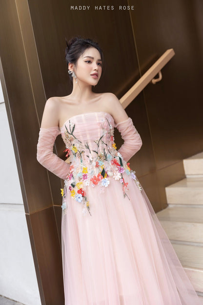 Beautiful long prom evening dress pink color embroidered with patterns and beads