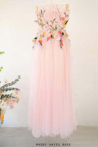 Beautiful long prom evening dress pink color embroidered with patterns and beads