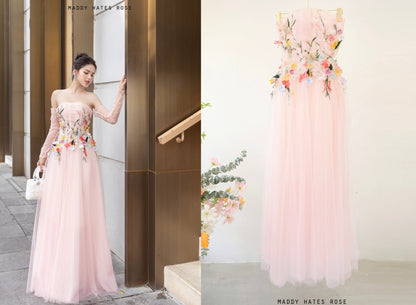 Beautiful long prom evening dress pink color embroidered with patterns and beads