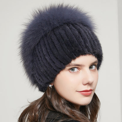 Fox Fur Fur Winter Warm Rhinestone Knitted Stretch Knitted Hat Women