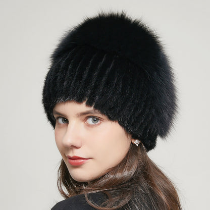 Fox Fur Fur Winter Warm Rhinestone Knitted Stretch Knitted Hat Women