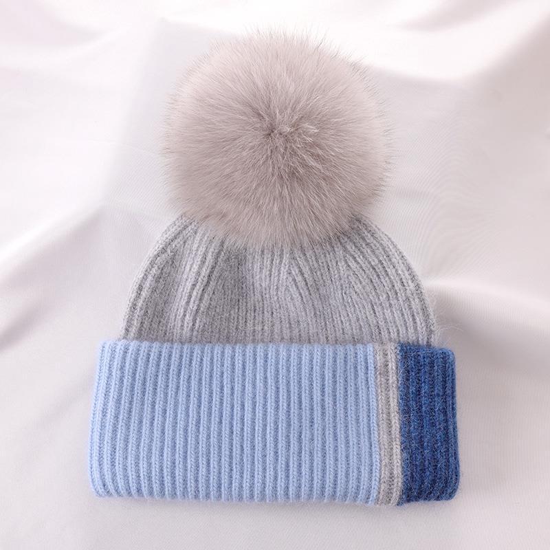 Rabbit Fur Autumn Winter Korean Cute Real Fox Fur Ball Thick Warm Plush Knitted Hat