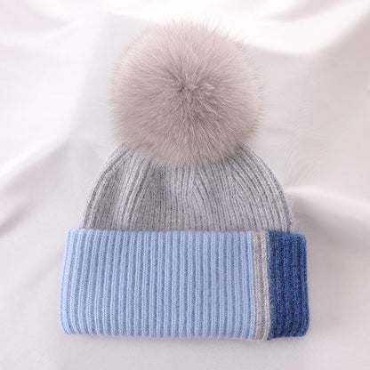 Rabbit Fur Autumn Winter Korean Cute Real Fox Fur Ball Thick Warm Plush Knitted Hat