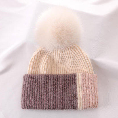 Rabbit Fur Autumn Winter Korean Cute Real Fox Fur Ball Thick Warm Plush Knitted Hat