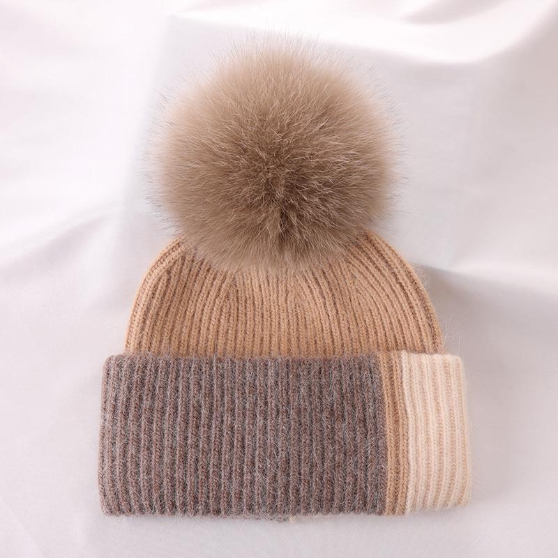 Rabbit Fur Autumn Winter Korean Cute Real Fox Fur Ball Thick Warm Plush Knitted Hat