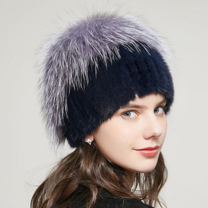 Fox Fur Fur Winter Warm Rhinestone Knitted Stretch Knitted Hat Women