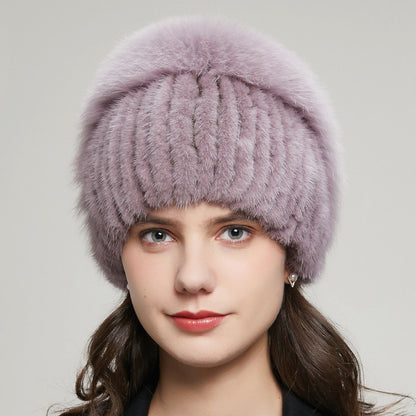 Fox Fur Fur Winter Warm Rhinestone Knitted Stretch Knitted Hat Women