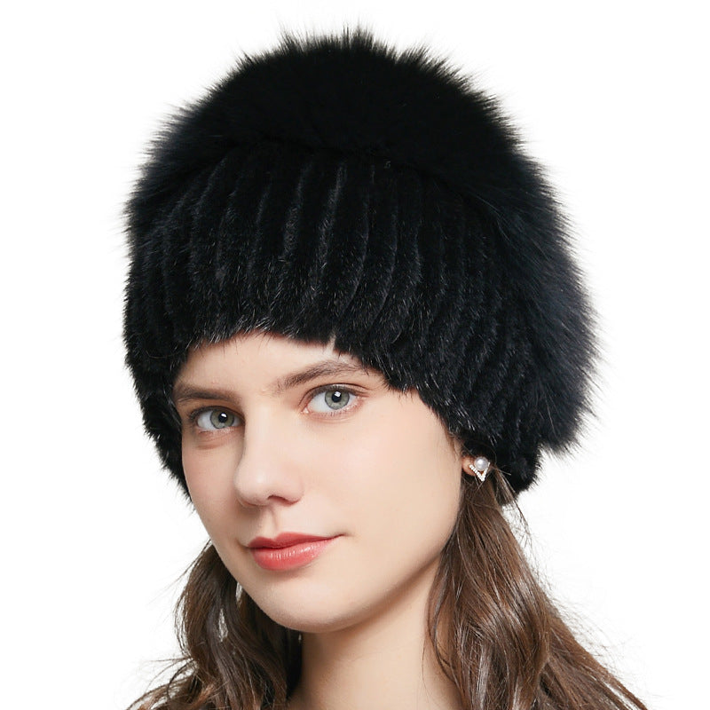 Fox Fur Fur Winter Warm Rhinestone Knitted Stretch Knitted Hat Women