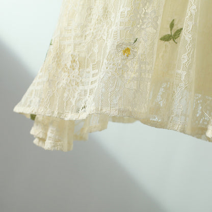 Elegant women light yellow lace dress flower embroidered