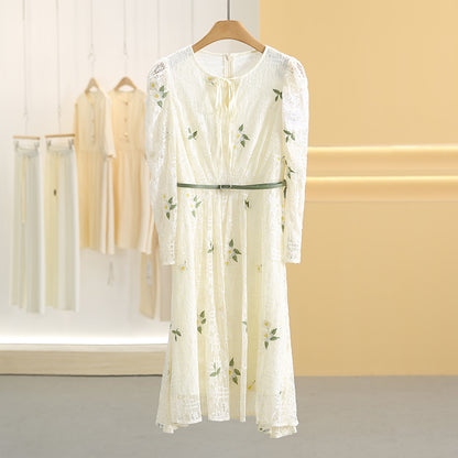 Elegant women light yellow lace dress flower embroidered