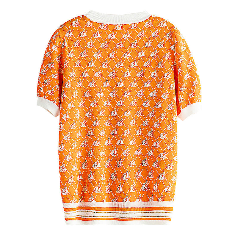 Elegant orange knitted shirt with decorative metal coated fiber