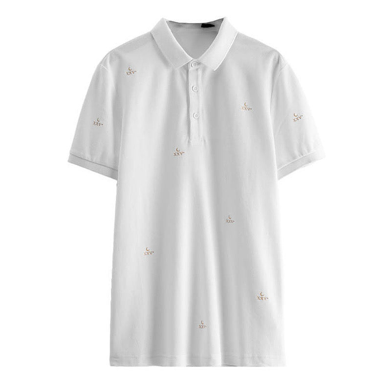 Men White POLO Collar Embroidered Letters Cotton T-Shirt