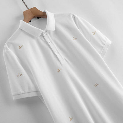 Men White POLO Collar Embroidered Letters Cotton T-Shirt