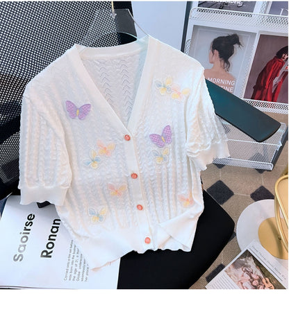 Corrugated hollow patch butterfly V-neck thin temperament knitted cardigan top