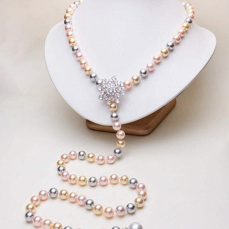 Long necklace made from pearl shell beads mixed color with snowflake buckle