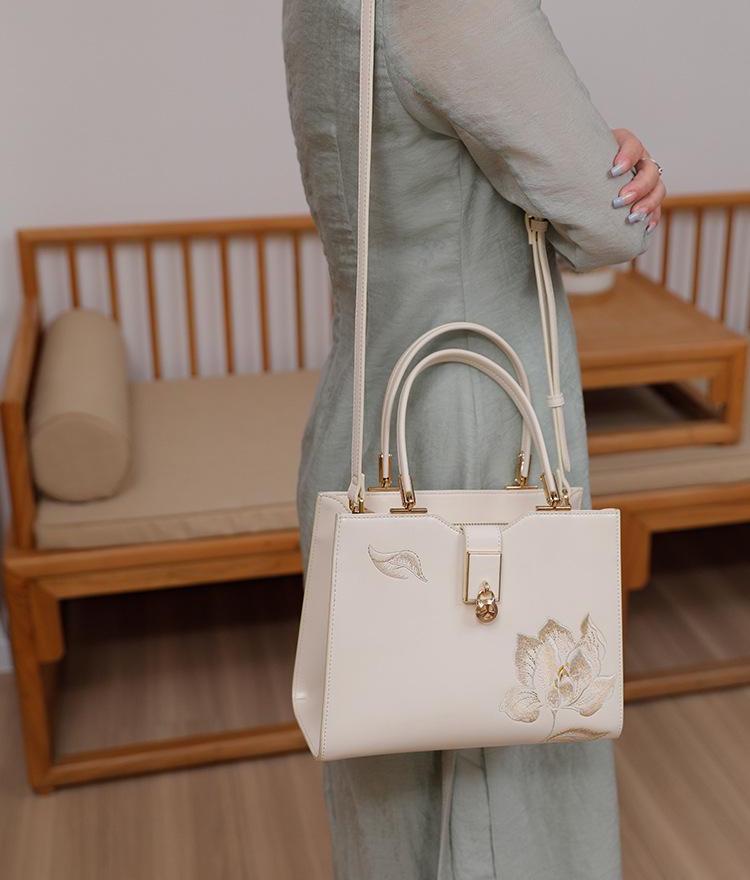 Fashionable national style white embroidered cowhide hand-held crossbody women's bag cheongsam bag mother bag