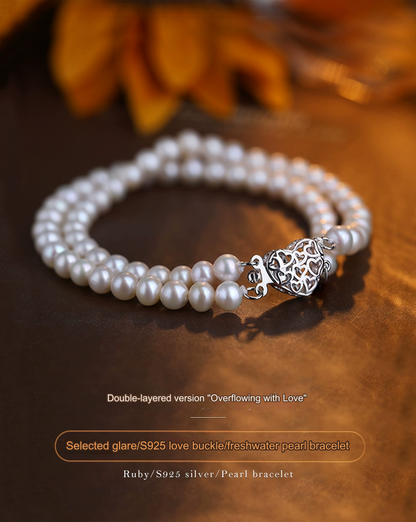 Love Bursting 5-6mm Nearly Round Freshwater Pearl Bracelet Women's S925 Silver Double Layer Bracelet