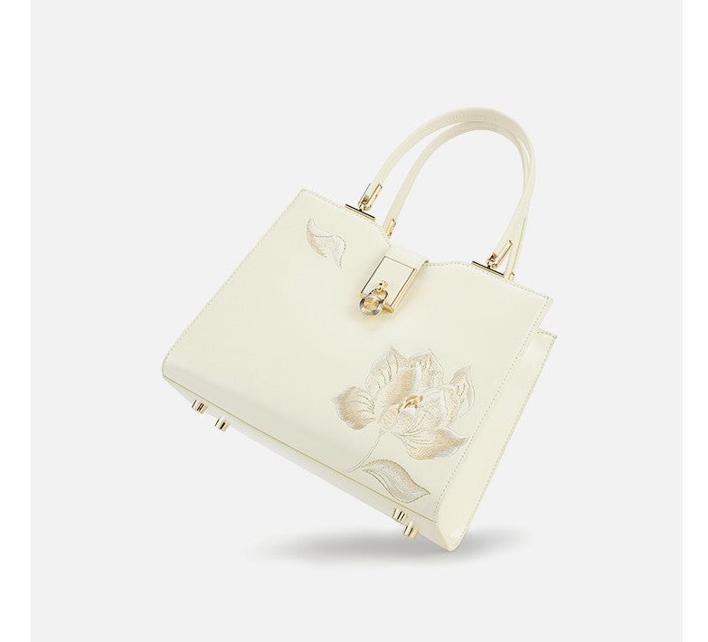 Fashionable national style white embroidered cowhide hand-held crossbody women's bag cheongsam bag mother bag