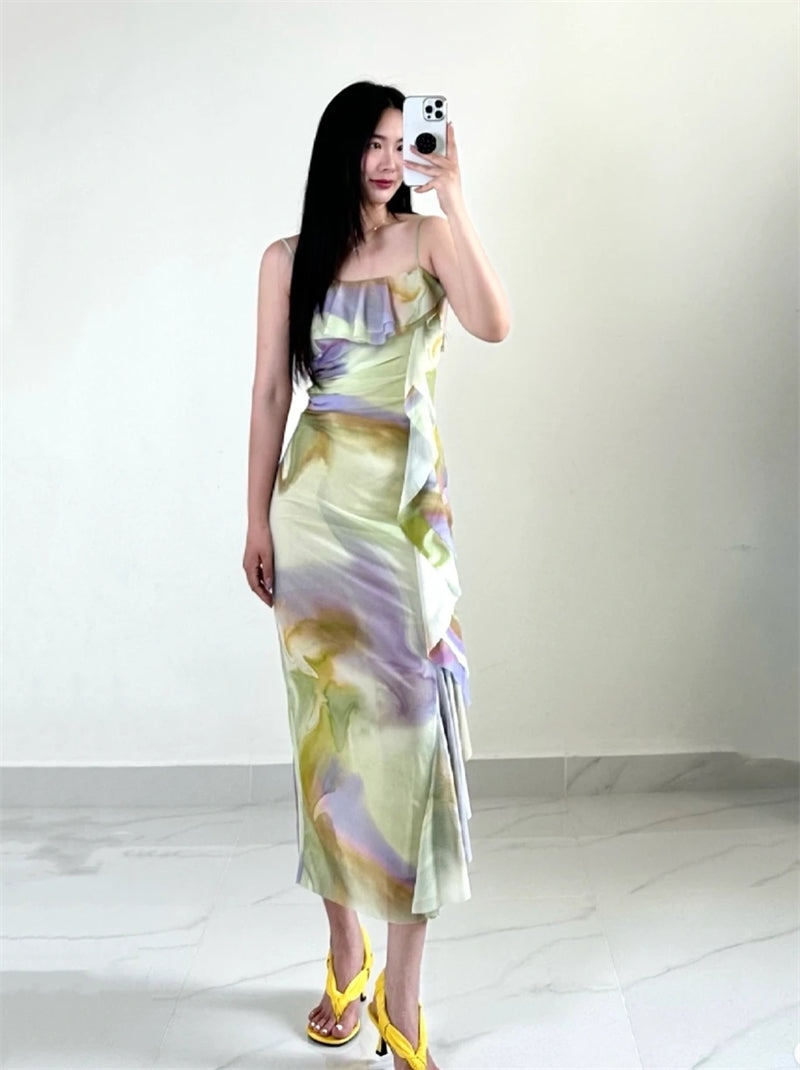 Layered decorative printed tulle dress