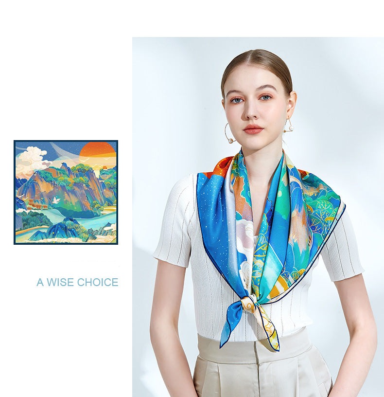 A 100% mulberry silk satin scarf of the magnificence of mountains and rivers