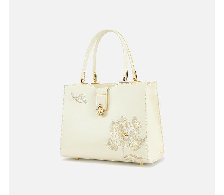 Fashionable national style white embroidered cowhide hand-held crossbody women's bag cheongsam bag mother bag