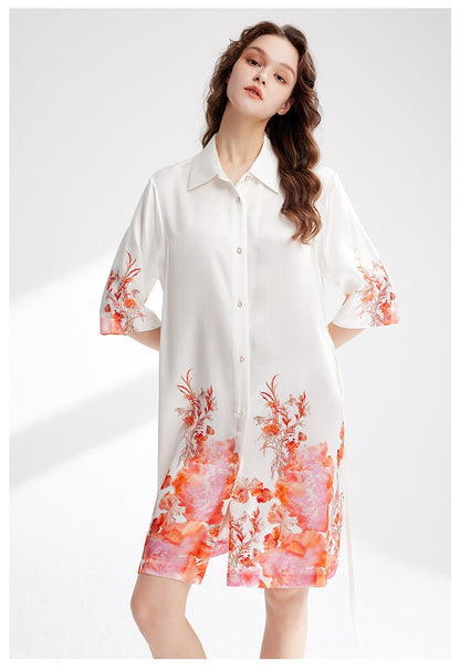 TW heavy silk nightgown printed shirt dress mid-sleeve lapel mulberry silk