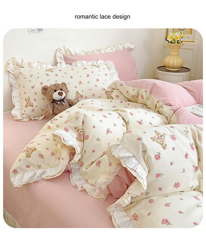 Korean princess style pure cotton four-piece set ins small fresh cotton bed sheet lace quilt cover bed sheet bedding