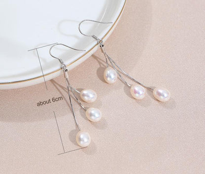 Drop-shaped three freshwater pearl earrings long S925 silver tassel earrings