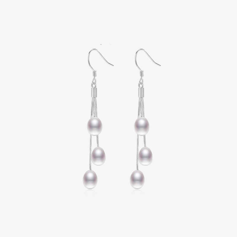 Drop-shaped three freshwater pearl earrings long S925 silver tassel earrings