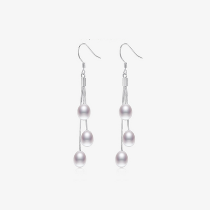 Drop-shaped three freshwater pearl earrings long S925 silver tassel earrings