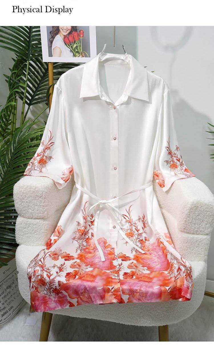 TW heavy silk nightgown printed shirt dress mid-sleeve lapel mulberry silk