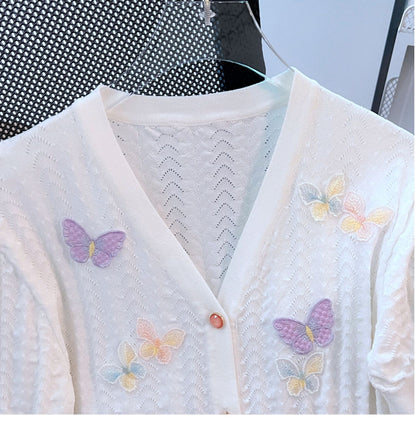 Corrugated hollow patch butterfly V-neck thin temperament knitted cardigan top