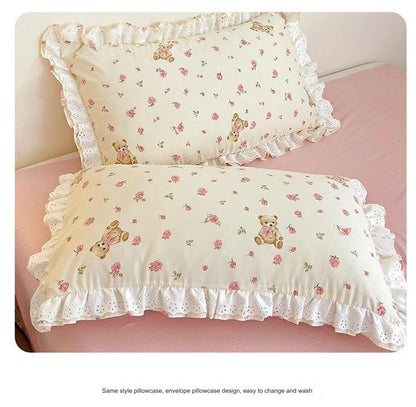 Korean princess style pure cotton four-piece set ins small fresh cotton bed sheet lace quilt cover bed sheet bedding