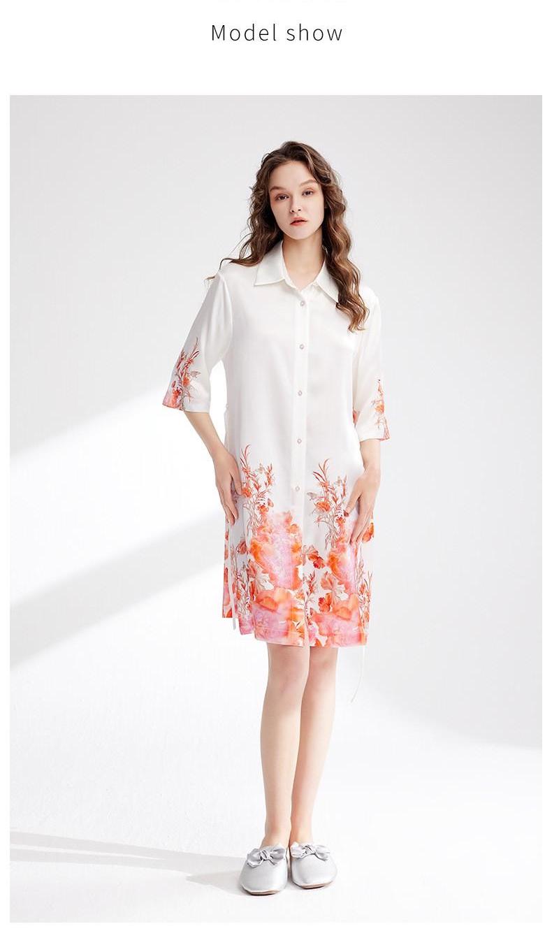 TW heavy silk nightgown printed shirt dress mid-sleeve lapel mulberry silk