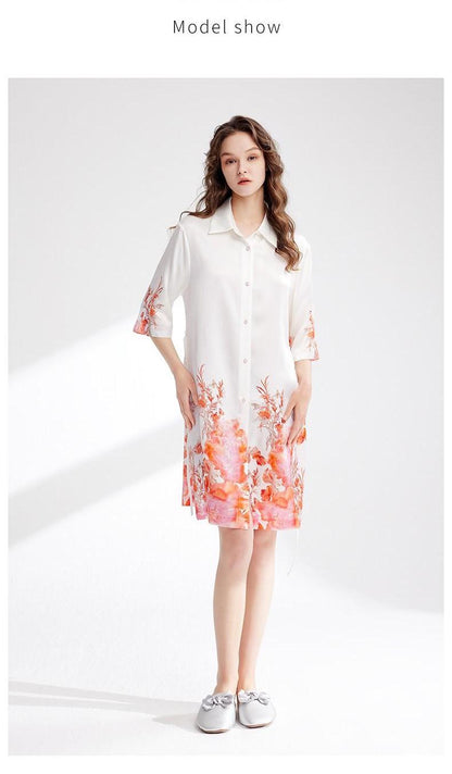 TW heavy silk nightgown printed shirt dress mid-sleeve lapel mulberry silk