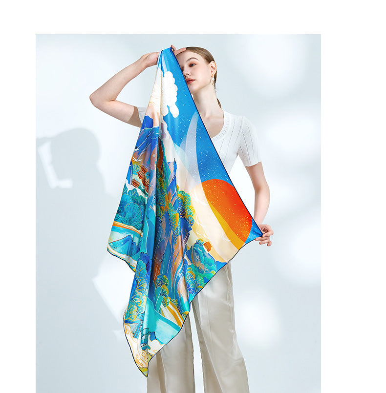 A 100% mulberry silk satin scarf of the magnificence of mountains and rivers