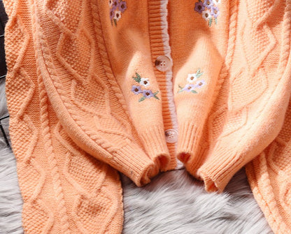 Orange Embroidered Soft Twist knitted Sweater