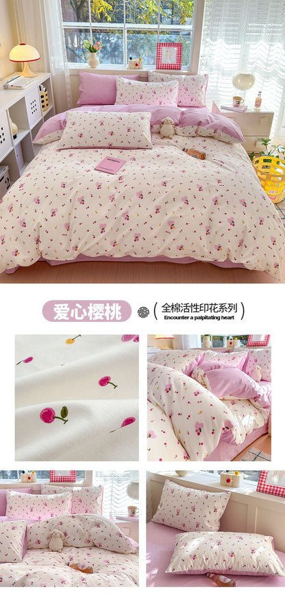 Autumn and winter pure cotton four-piece set pure cotton ins small fresh sheets quilt cover girls bedding dormitory bed three-piece set SERI