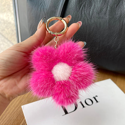 Real mink fur sunflower keychain plush fur bag pendant cute cherry blossoms flower diy accessories