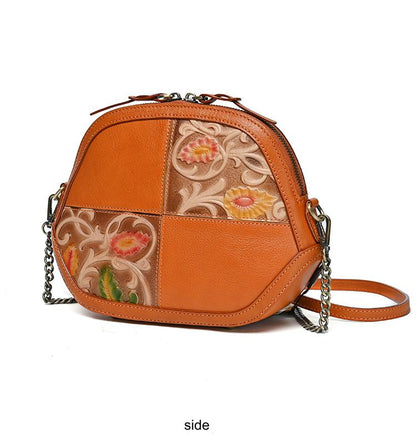 Women's mini crossbody bag, retro embossed dyed vegetable tanned leather, fashionable shell bag, chain shoulder bag, wholesale