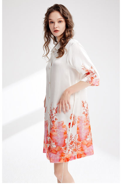 TW heavy silk nightgown printed shirt dress mid-sleeve lapel mulberry silk