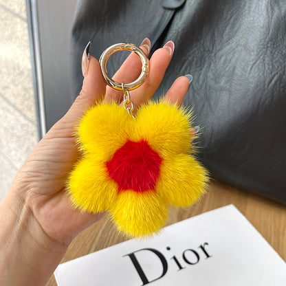 Real mink fur sunflower keychain plush fur bag pendant cute cherry blossoms flower diy accessories