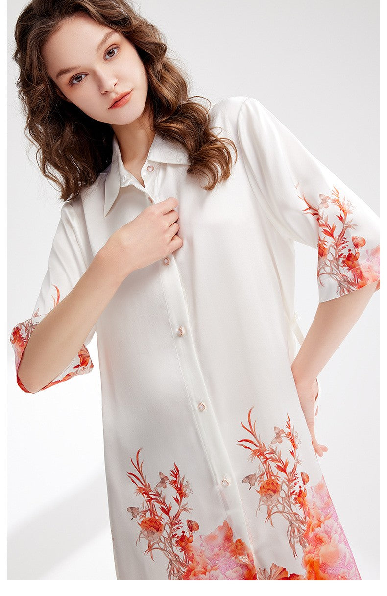 TW heavy silk nightgown printed shirt dress mid-sleeve lapel mulberry silk