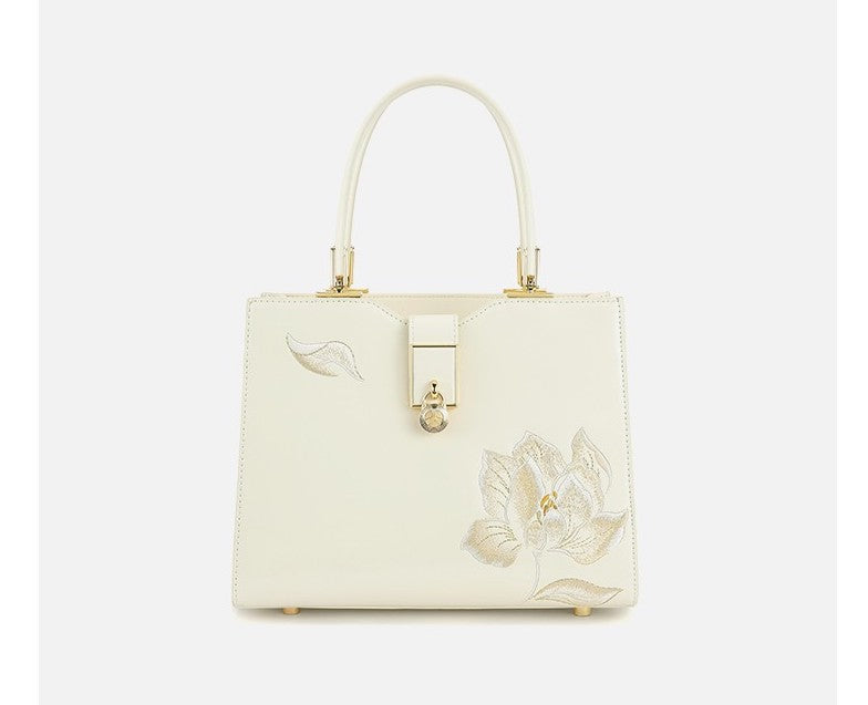 Fashionable national style white embroidered cowhide hand-held crossbody women's bag cheongsam bag mother bag