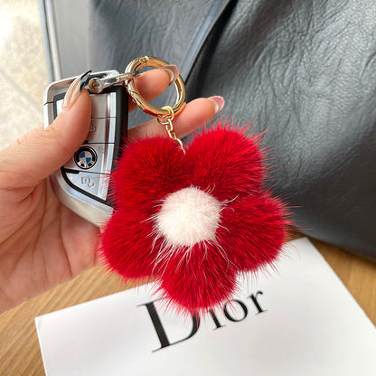 Real mink fur sunflower keychain plush fur bag pendant cute cherry blossoms flower diy accessories