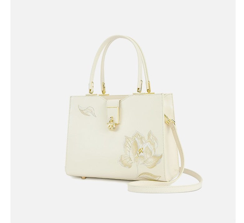 Fashionable national style white embroidered cowhide hand-held crossbody women's bag cheongsam bag mother bag